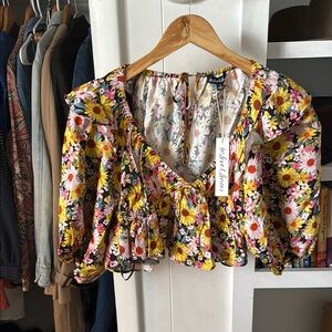 For Love And Lemons Yellow and Pink Puff Sleeve Blouse